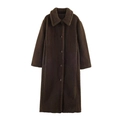 Deep brown long sherpa fleece teddy coat with notched lapels and button closure - XS / Coffee