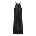Elegantes schwarzes Pailletten-Neckholder-Midikleid mit Trägern und Metallic-Struktur - S / Schwarz