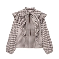 Blusa de cuadros marrones con cuello de volantes y detalles plisados estilo retro - S / Cuadros Marrones y Blancos