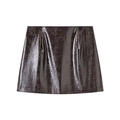 Detail of burgundy glossy faux leather mini skirt showing texture and reflective finish - Dark Brown Skirt