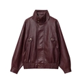 Detail of burgundy faux leather jacket featuring stand collar with metal snap buttons - S / Burgundy