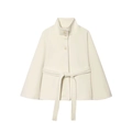 Elegante mantella in lana color crema con collo alto e cintura in vita regolabile - S / Bianco Sporco