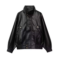 Detail of vintage black faux leather jacket with stand collar and metallic button pockets - S / Black