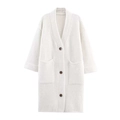 Gilet long blanc en maille gaufrette avec col en V et deux poches plaquées - S / Blanc