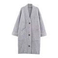 Gilet long gris en maille gaufrée avec col en V et grandes poches plaquées pour femme - S / Gris clair