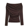 Chic dark brown off-the-shoulder knit top with cross pleated details and long sleeves - S / Dark Brown