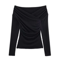 Women's chic black off-shoulder knitted top with elegant pleated detail and long sleeves - S / Black