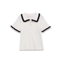 Women's knit short sleeve top with Peter Pan collar and black contrast ruffled trim - S / White
