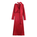 Detailed view of dark red satin dress featuring elegant V-neck and long silk scarf detail - XS / Red