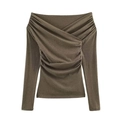 Elegant off-shoulder ruched knit top in dark khaki featuring a cross neckline design - S / Green