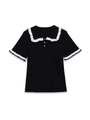Detail of contrast knit top featuring white ruffled collar and rhinestone buttons - S / Black