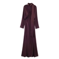 Elegant wine red satin long sleeve maxi dress with deep V-neck and neck scarf detail - XS / Burgundy