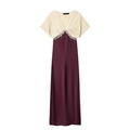 Elegante vestido midi con cuello en V, textura de seda beige, encaje y falda de satén púrpura - XS / Patchwork Púrpura Champaña