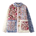 Quilted floral patchwork jacket featuring a vintage print and wooden horn button closure - S / Blue/Cyan Patchwork