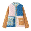 Quilted floral jacket with patchwork patterns and rustic wooden toggle buttons - S / Blue/Yellow Patchwork