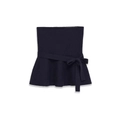 Dark blue knitted high-waisted tube top featuring a waist tie and ruffled hem design - S / Navy Blue