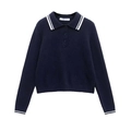 Classic navy blue long-sleeve knit polo shirt with white contrast stripes and preppy design - S / Navy Blue