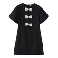Short sleeve black mini dress featuring sparkling silver rhinestone bows and front cut-out - S / Black