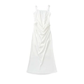 Elegantes weißes Satin-Maxikleid mit Carré-Ausschnitt und Raffungen für Damen - S / Weiß