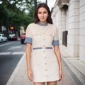 Détail de la robe en tweed avec boutons dorés et ceinture bleue contrastante élégante - S / Abricot Beige