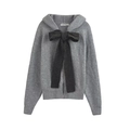 Cárdigan de punto gris claro con capucha, lazo negro grande y cremallera frontal - S / Gris