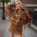 Close-up of brown plaid jacket with fringe sleeves and vintage suede mini skirt set - S / Khaki Plaid