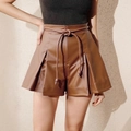 High-waisted brown PU leather skort with pleated front and matching tie-up drawstring belt - S / Bottoms / Brown