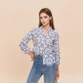 Women's blue and white floral stand collar shirt with 3/4 sleeves and denim pants outfit - S / Blue and White Print