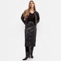 Detail of a black PU leather midi skirt with gold buttons and flap pocket design - Size S / Black