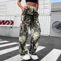 Women's forest camouflage cargo pants with elastic drawstring waist and side flap pockets - S / Army Green Camouflage