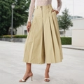 Elegante gonna pantalone kaki a vita alta per donna con pieghe e gamba larga - S / Cachi