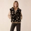 Detail of floral printed fleece vest featuring a stand-up collar and silver metal zipper - S / Tops / Black