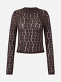 Detailed view of dark brown slim fit lace top with long sleeves and hollow geometric pattern - S / Dark Brown