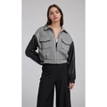 Veste courte patchwork en laine grise et manches en cuir noir avec col à revers - S / Gris clair