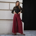 Pantalon large bordeaux taille haute pour femme avec chemisier en dentelle noire - S / Bordeaux