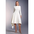 Elegante vestido midi blanco de manga larga con dobladillo plisado asimétrico - S / Blanco
