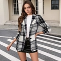 Κλασικό ασπρόμαυρο καρό σακάκι blazer με μαύρη δερμάτινη μίνι φούστα - S / Γκρι