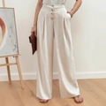 Oatmeal cotton linen high waist wide leg pants with button fly and pleated waist details - S / Apricot