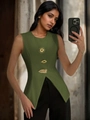 Detail of olive green V-neck vest featuring unique gold sun and eye shaped metal buttons - XS / Army Green