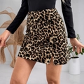Slim fit leopard print high waisted mini skirt with a stylish side slit detail - S / Brown