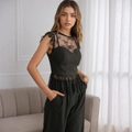 Elegant sleeveless top with black lace trim and matching pants in a dark green finish - S / Tops / Black