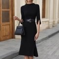 Elegant slim-fit black midi dress with three-quarter sleeves and silver buckle belt - S / Black