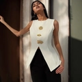 White V-neck vest in structured fabric featuring artistic gold sculptural buttons - XS / White