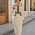 Elegante abito midi avorio stile francese con bordi neri a contrasto e dettaglio cintura - S / Albicocca