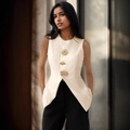 British style sleeveless beige vest with decorative gold buttons and a loose fit - XS / Apricot