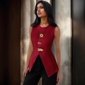 Elegant red sleeveless V-neck vest with artistic gold sun and eye metal accessories - XS / Burgundy