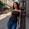 Slim fit black off-shoulder peplum top with ruffled hem and minimalist bodice design - S / Black