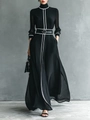 Elegante vestido largo de gasa negra con mangas largas, ribetes blancos y cinturón ancho - M / Negro