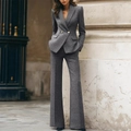 Women's dark grey plaid blazer and wide-leg trousers suit with golden buttons - S / Gray