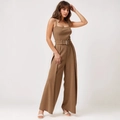 Tuta smanicata marrone scuro con cintura regolabile e gamba larga stile elegante - S / Cammello